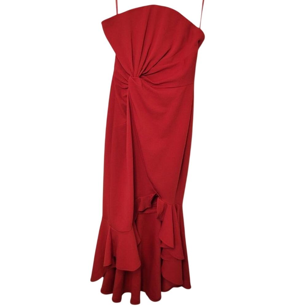 Here Comes The Sun Red Midi Cinched Waist Strapless‎ Dress Medium